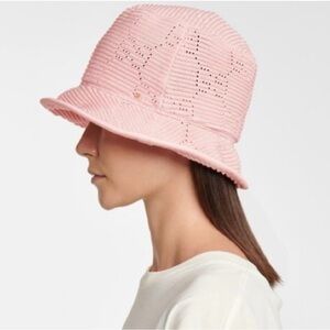 NWT~GUCCI~‘Malibu’ Leather-trimmed Crocheted Pink Bucket Hat - Large 58cm